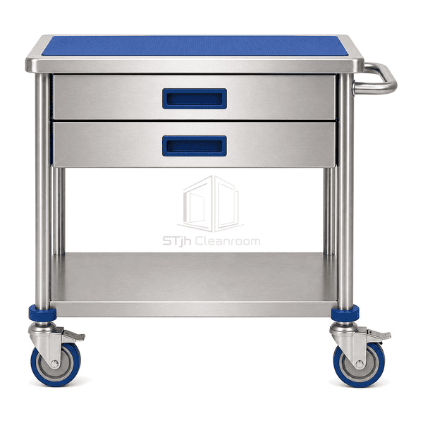Front view of cleanroom instrument cart drawers shelves and blue dividers