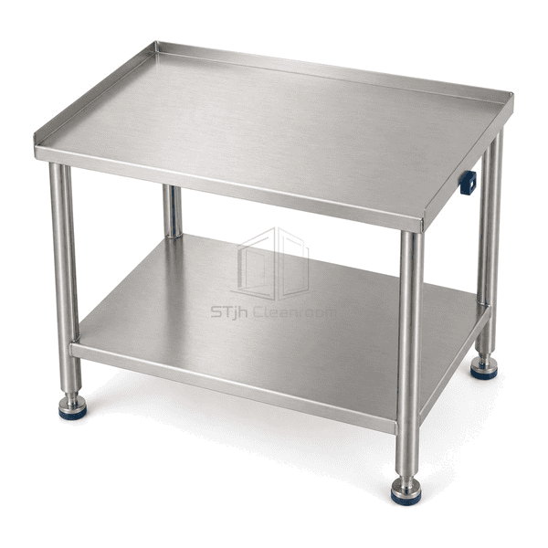 Elevated view of stainless instrument surface and ledgeless shelf