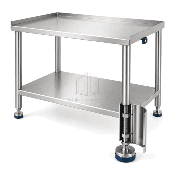 Detail of welded shelf socket formed deck edge and threaded hygienic leveler