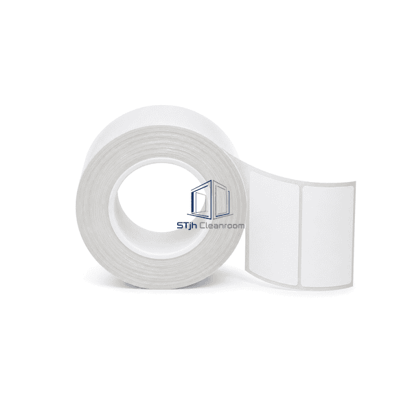 Cleanroom label roll standing upright with circular plastic core visible