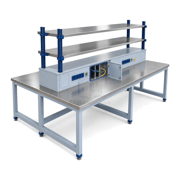 Detail of removable service-spine panel covered outlet and bench-frame connection