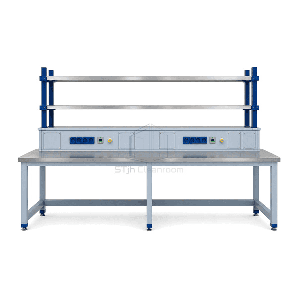 Side view showing central utility spine shelves and access panels