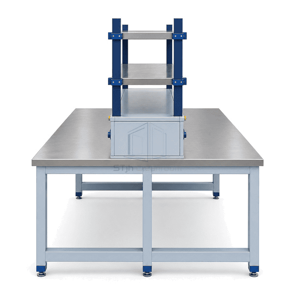 End view of two opposing stainless laboratory work surfaces