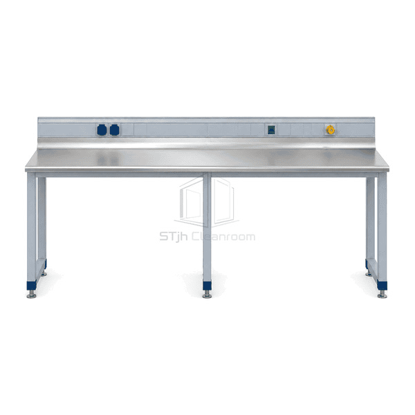 Front view of stainless wall bench and open C-frame supports