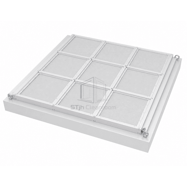 Full rectangular laminar flow ceiling assembly from opposite upper angle