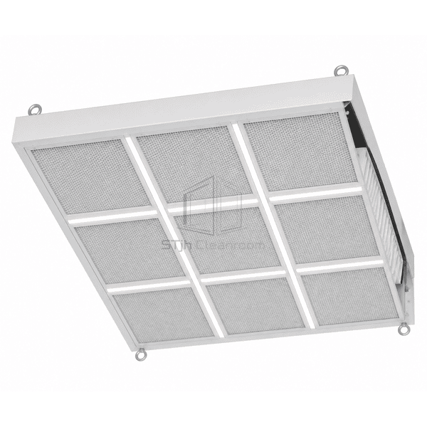 Cutaway ceiling section showing supply plenum HEPA filters and diffuser membrane