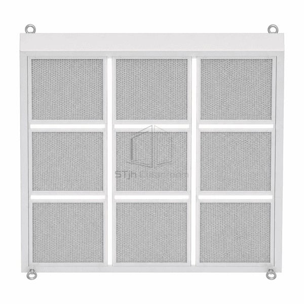 Underside view of laminar flow ceiling diffuser surface and integrated lights