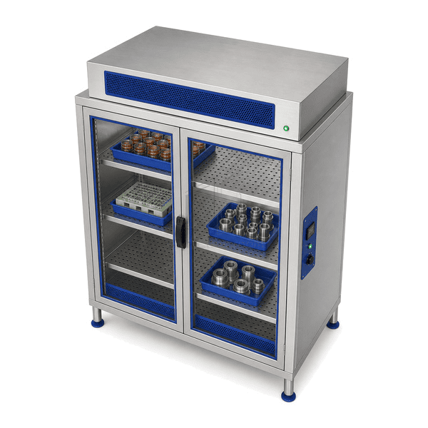 Elevated view of cleanroom storage cabinet filter housing and airflow grille