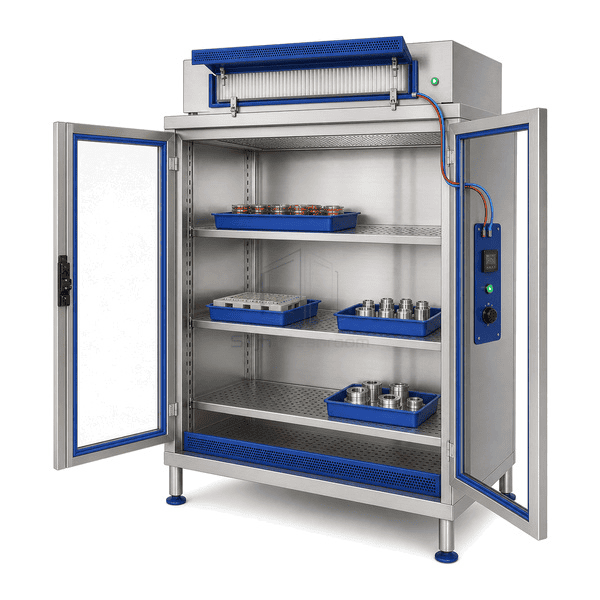 Open laminar flow cabinet showing sealed filter flange shelf rails pressure port and lower grille