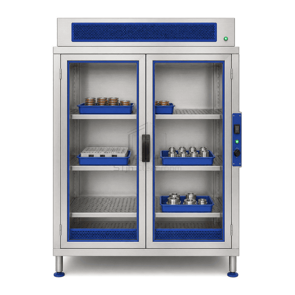 Front view of laminar flow cabinet with three perforated shelves