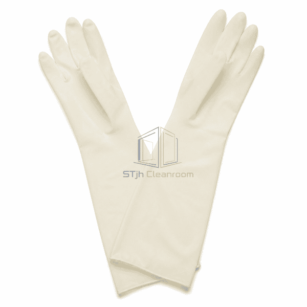 Ambidextrous cleanroom latex gloves laid flat with full cuffs