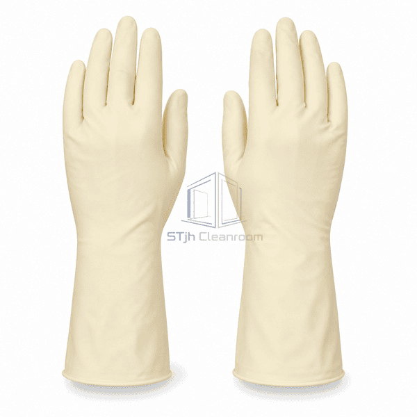 Natural latex cleanroom glove pair showing smooth backhand surfaces
