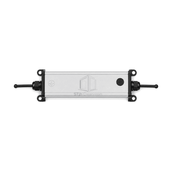 Overhead complete view of the sealed aluminum LED driver two end cables and four one-hole mounting ears