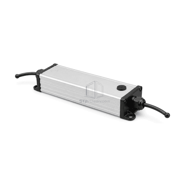 Rear-right service view of the cleanroom LED driver output cable gland sealed end cap and current-adjustment access