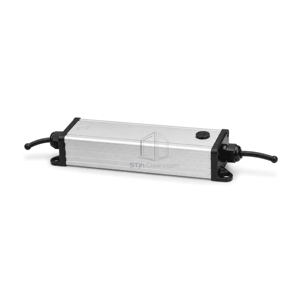 Low right-side view showing the cleanroom LED driver aluminum enclosure depth output gland and top adjustment cap