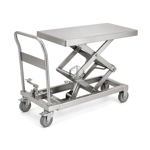 Cleanroom lift table in a full rear three-quarter view