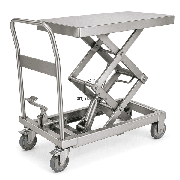 Cleanroom lift table view highlighting pump, pivots and locking caster