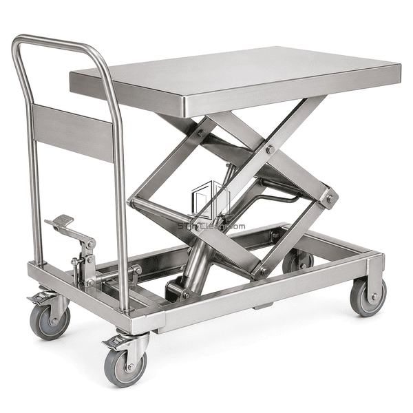 Cleanroom lift table side profile showing hydraulic cylinder