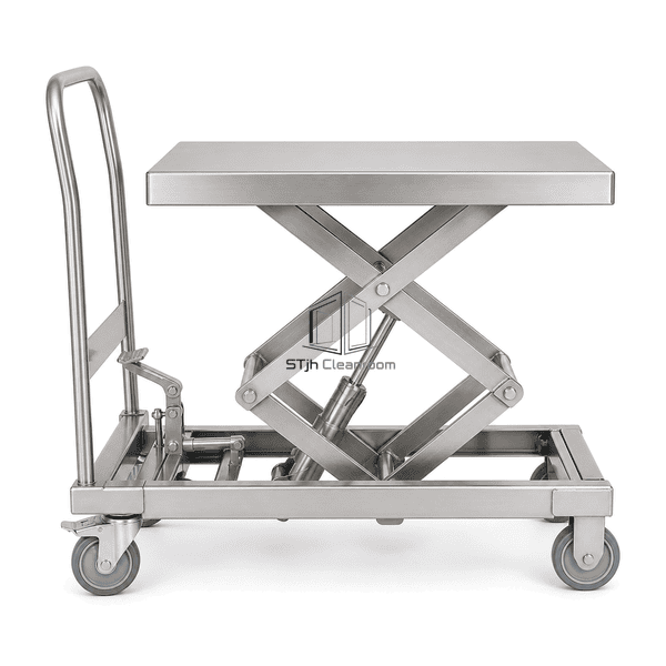 Cleanroom lift table front view showing raised scissor mechanism