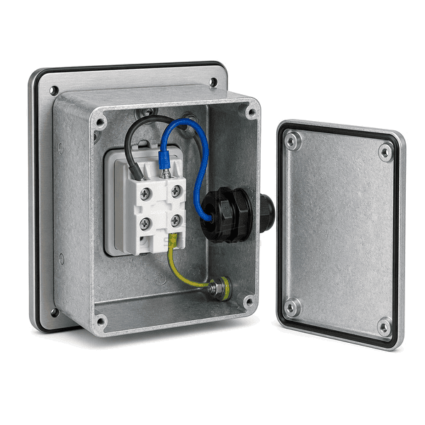 Rear view of switch terminals and gasketed cable gland