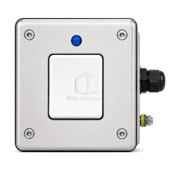 Straight-on view of the engraved switch plate and status indicator