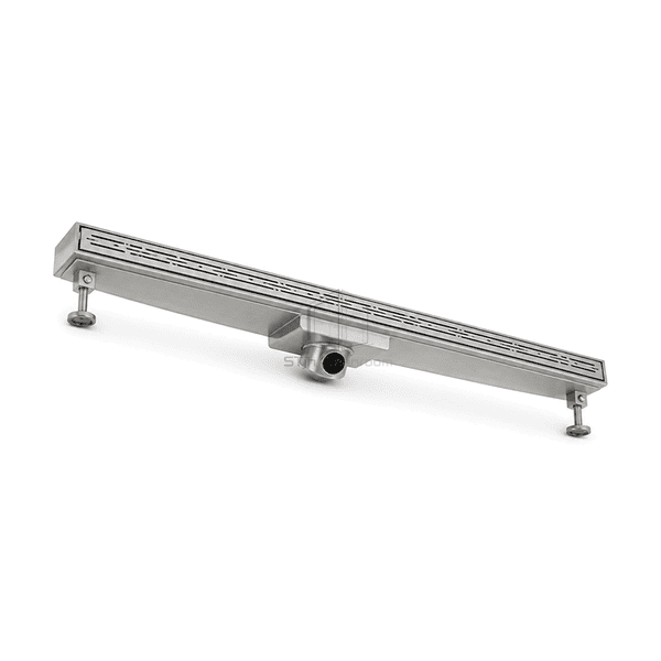 Complete linear drain showing the removable grate and stainless outlet interface
