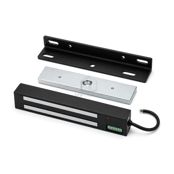 High horizontal complete view of the black narrow-stile cleanroom electromagnetic lock set