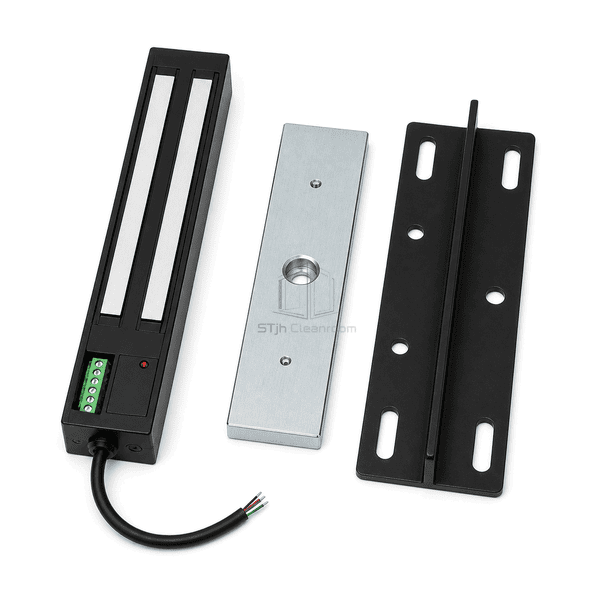 Near-overhead vertical mounting-interface view of the maglock armature and slotted L bracket