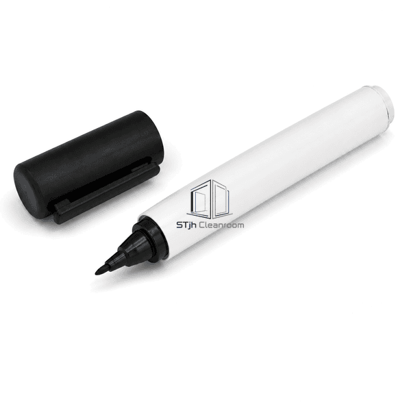 Complete cleanroom marker with cap removed beside the fine black bullet nib