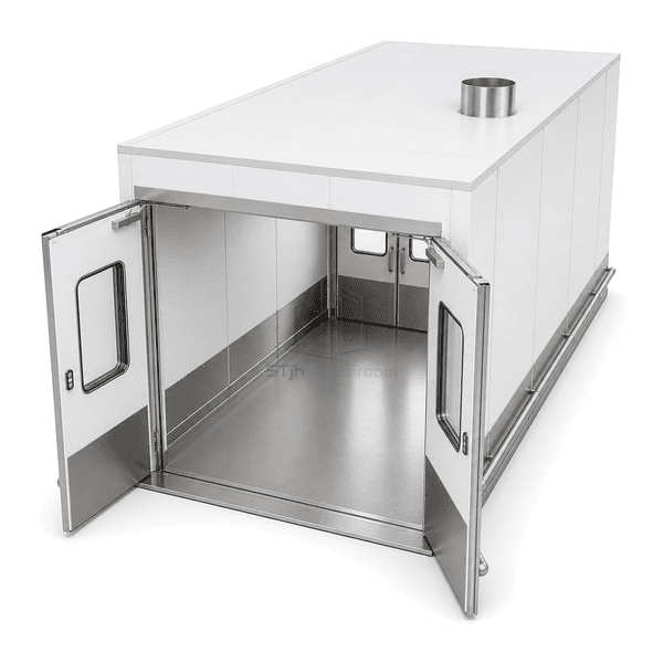 Overhead view of cart route through cleanroom material airlock