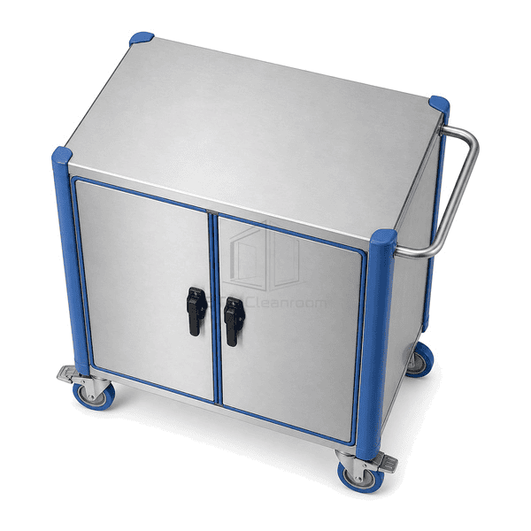 Elevated view of stainless material transfer cart top and bumper profile
