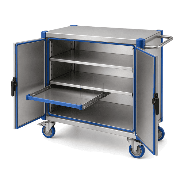 Material cart connection showing open door gasket adjustable shelf track latch and caster plate