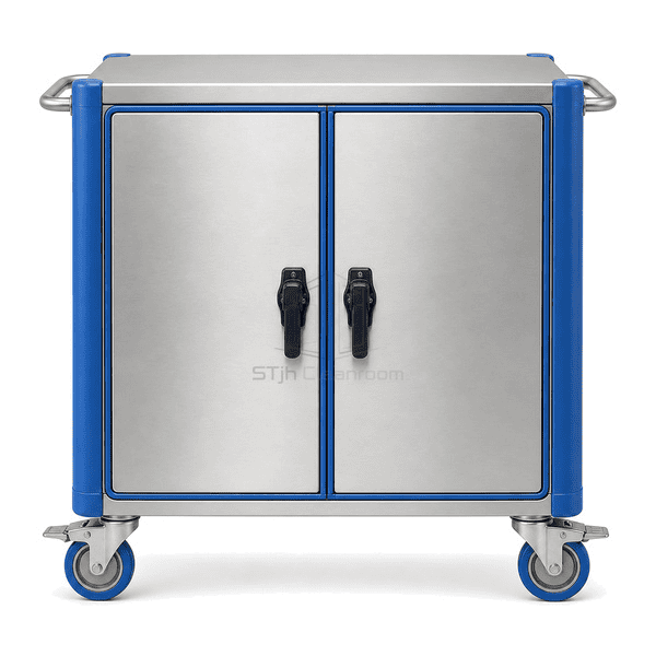 Front view of gasketed cleanroom material cart doors latches and casters