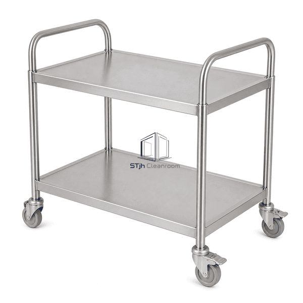 Cleanroom material trolley view highlighting caster brakes and rounded shelf edges
