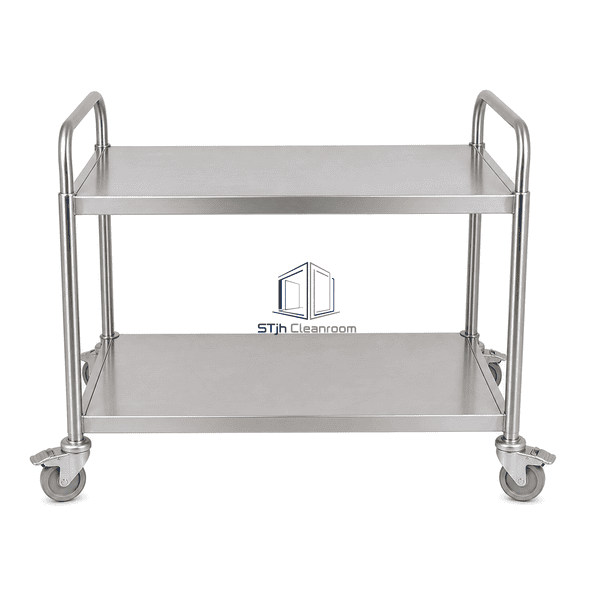 Cleanroom material trolley shown in a complete upright front view