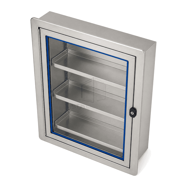 Elevated view of stainless medicine cupboard and upper frame