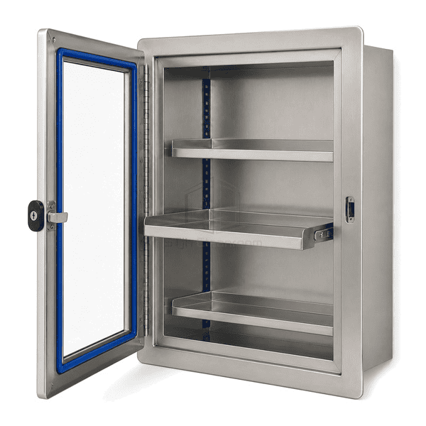 Open medicine cabinet showing piano hinge compression lock gasket and shelf slots