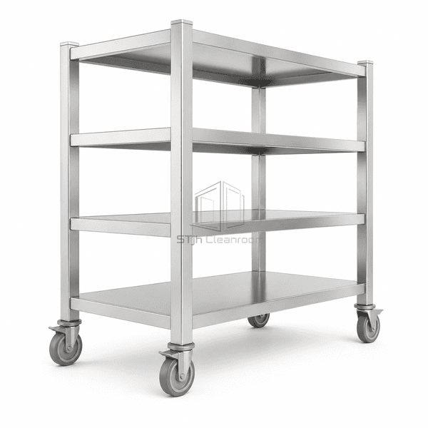 Cleanroom mobile rack in a complete rear three-quarter view