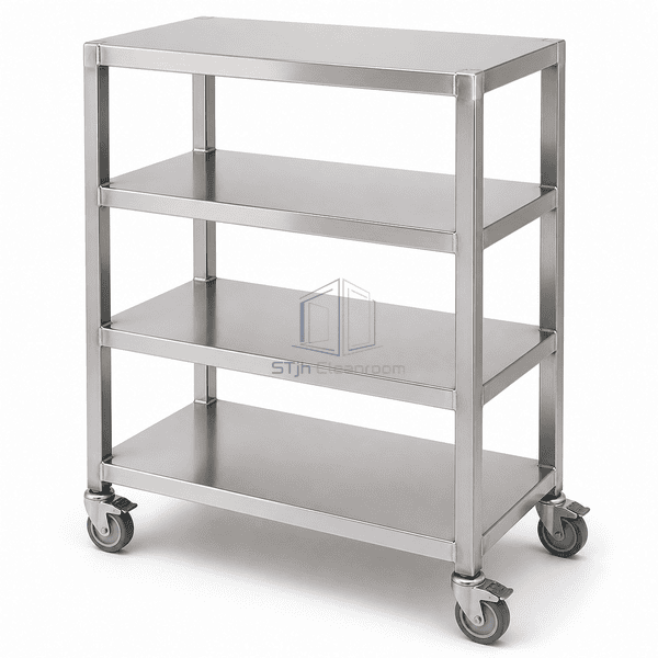 Cleanroom mobile rack view highlighting welded corners and braked caster