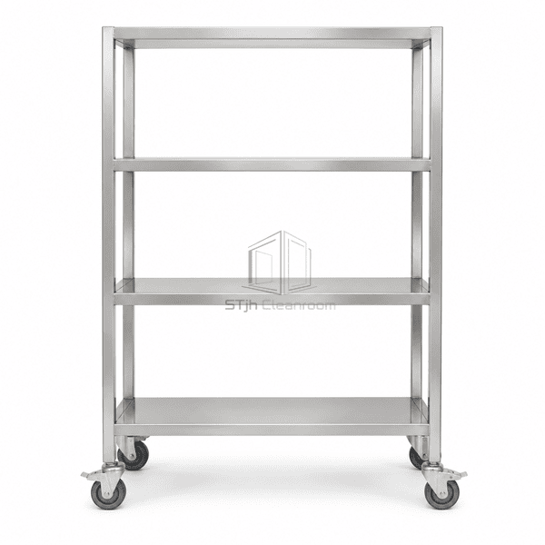 Cleanroom mobile rack straight-on front view with four shelves