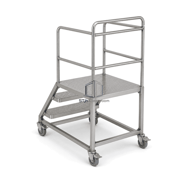 Rear structural view of cleanroom step platform base braces and caster mounts