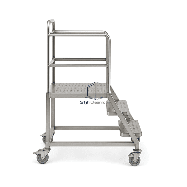 Cleanroom rolling step platform side view showing stairs and casters