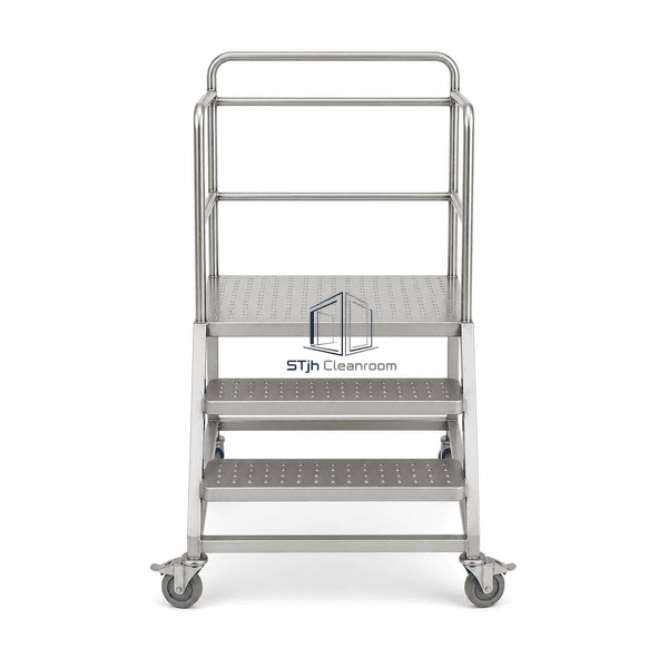 Stainless mobile cleanroom step platform in straight front elevation