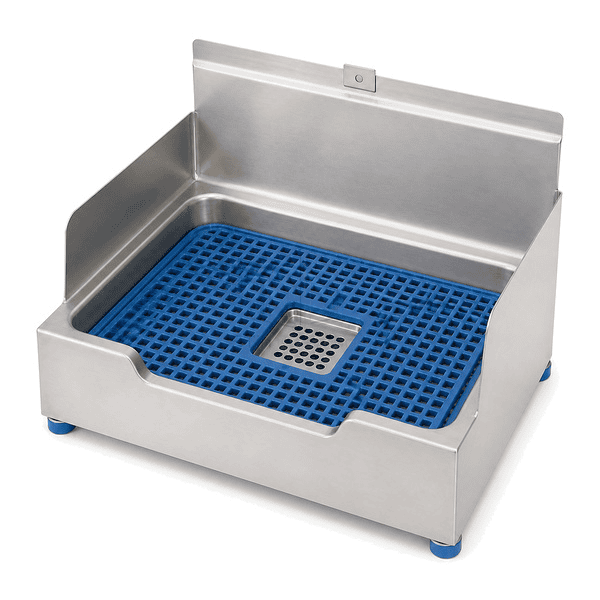 Elevated view of coved mop sink bowl removable grate and drain