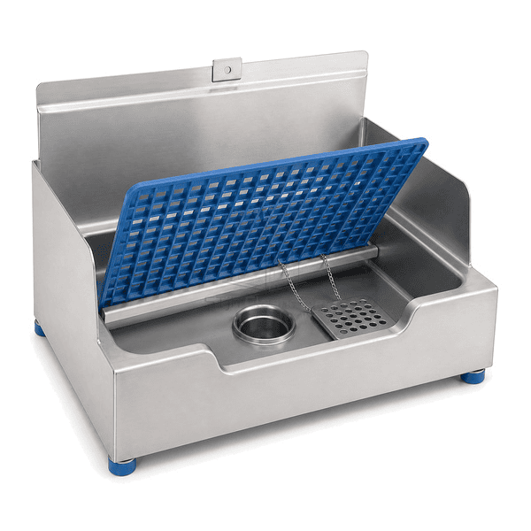 Mop sink connection showing lifted grate basket strainer wall clip and welded corner