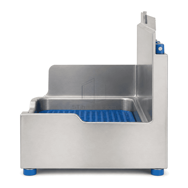 Side view showing cleanroom mop basin depth and splash enclosure