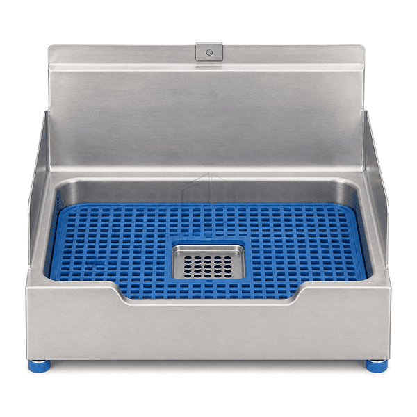 Front view of low-level mop sink drop-front apron and basket waste