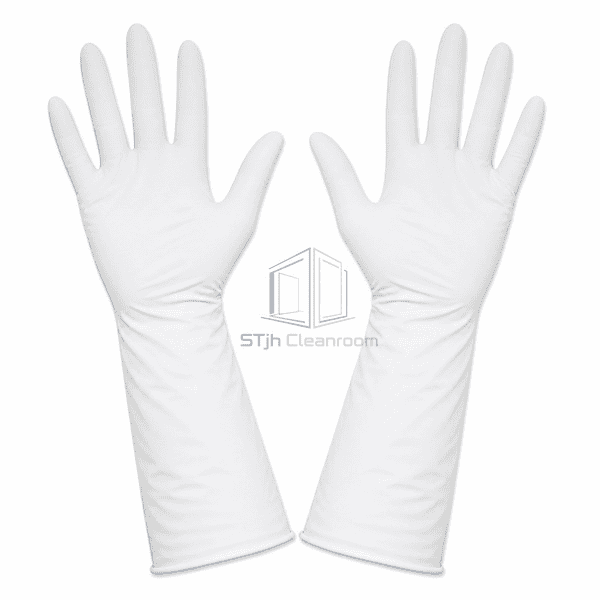White cleanroom nitrile gloves laid flat with full extended cuffs