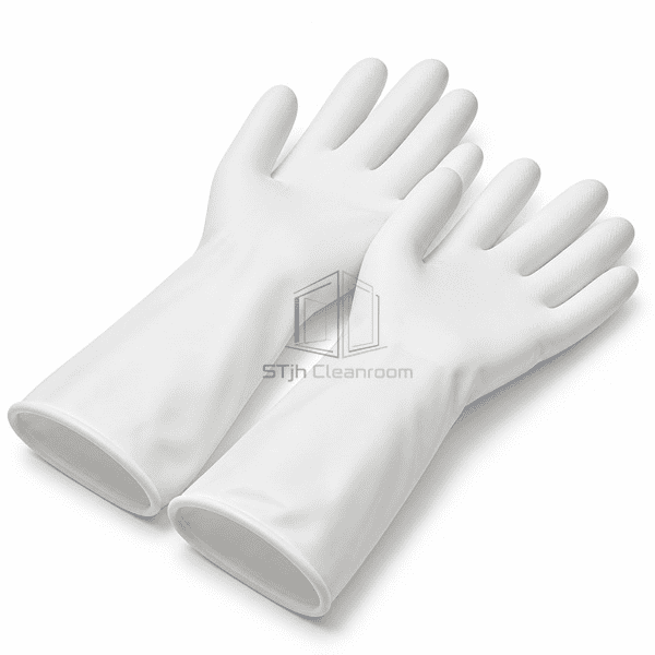 White cleanroom nitrile glove pair showing beaded cuff construction