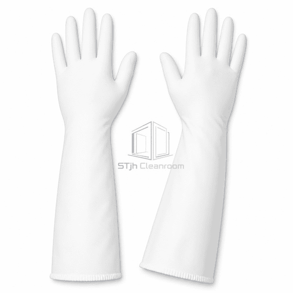 White cleanroom nitrile glove pair showing smooth backhand surfaces